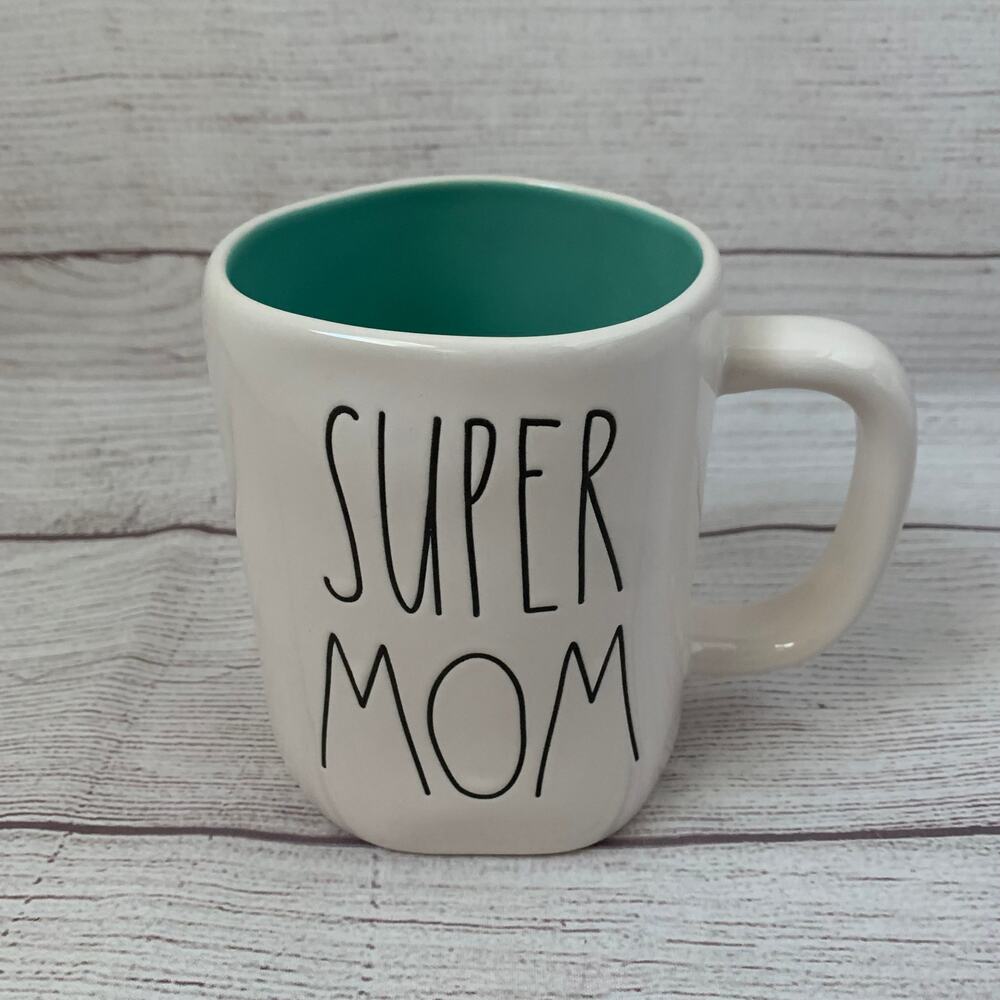Rae Dunn Super Mom Ceramic Coffee Mug Teal Interior